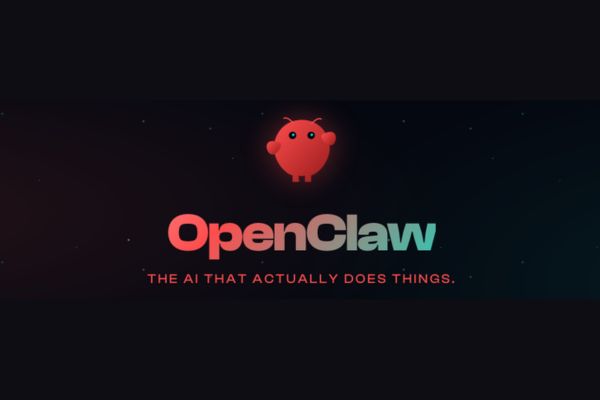 Logo officiel OpenClaw avec slogan The AI That Actually Does Things, intelligence artificielle agentique autonome