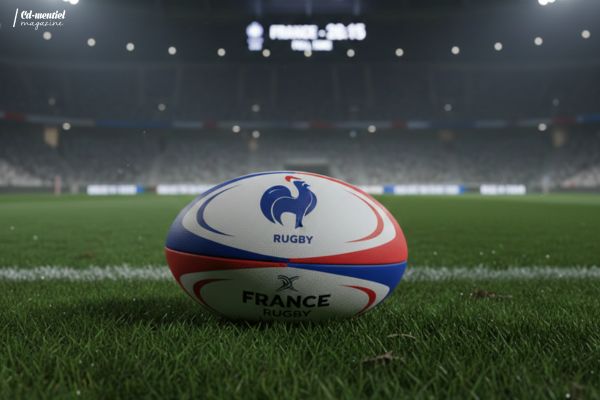 Ballon de rugby officiel de l'équipe de France posé sur la pelouse d'un stade de nuit sous les projecteurs