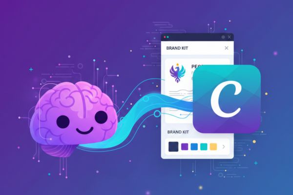Crucial pour l'accessibilité et les robots de recherche. Texte Alt : Illustration conceptuelle montrant la fusion entre l'IA Claude (cerveau stylisé) et l'interface Canva (Brand Kit) pour la création automatisée d'identités visuelles professionnelles.