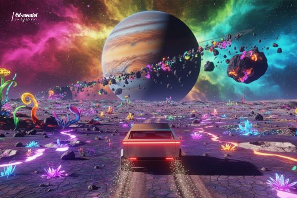 Un Tesla Cybertruck roulant sur une planète extraterrestre colorée avec une planète géante en arrière-plan, style graphique jeu vidéo Google Genie 3, néons et cristaux luminescents.