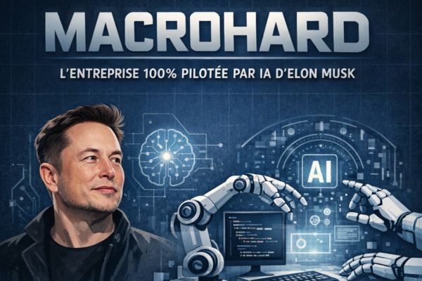 Infographie illustrant Macrohard, projet d’entreprise 100 % pilotée par intelligence artificielle d’Elon Musk, montrant l’automatisation du développement logiciel et l’impact potentiel sur l’emploi dans l’industrie tech.