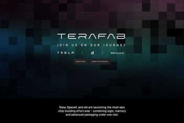 Visuel Terafab AI avec logo futuriste et mention Tesla SpaceX xAI illustrant un projet de fabrication de puces pour intelligence artificielle