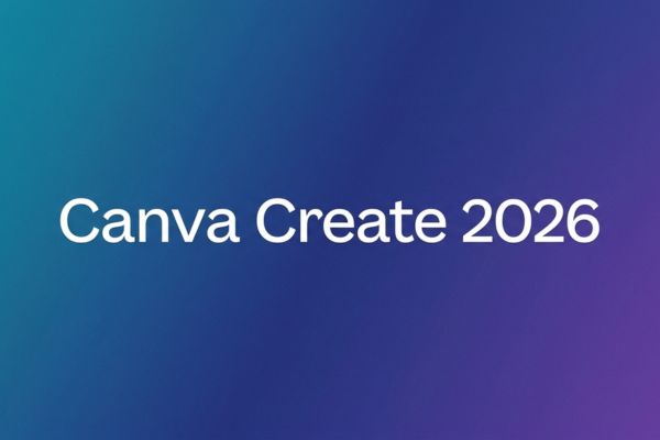 Visuel minimaliste Canva Create 2026 sur fond dégradé bleu et violet avec typographie officielle, illustrant les nouvelles fonctionnalités IA pour les graphistes.