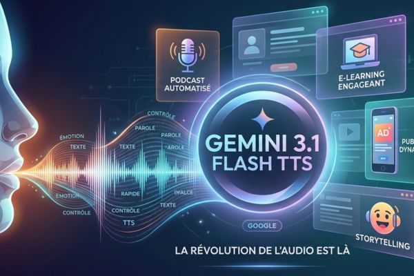 Infographie montrant la transformation de texte en parole expressive par l'IA Gemini 3.1 Flash TTS de Google. Un visage stylisé émet des ondes sonores portant les mots "ÉMOTION", "TEXTE" et "PAROLE", entouré d'icônes pour le podcasting, l'e-learning, la publicité et le storytelling.