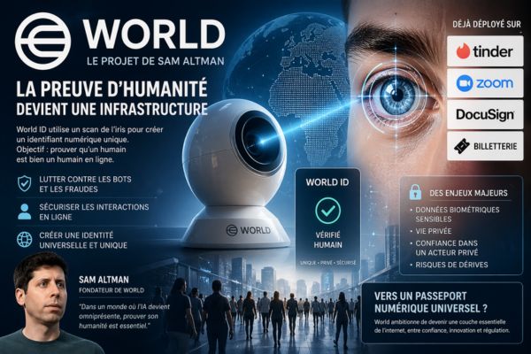 Infographie World ID avec scan de l’iris et orb biométrique illustrant une identité numérique humaine utilisée sur Tinder Zoom et DocuSign