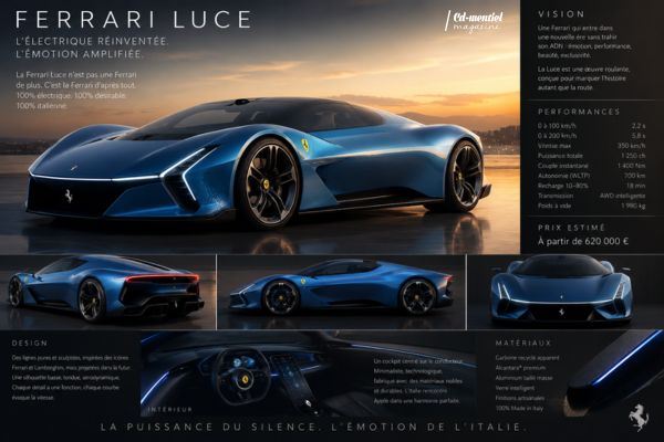 Ferrari Luce Concept bleu électrique, supercar Ferrari futuriste inspirée du luxe italien et des technologies de nouvelle génération.