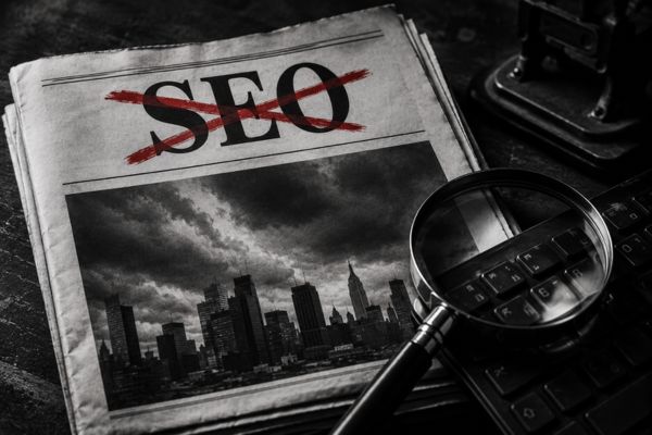 Pierre tombale symbolisant la mort du SEO face à l'intelligence artificielle en 2026