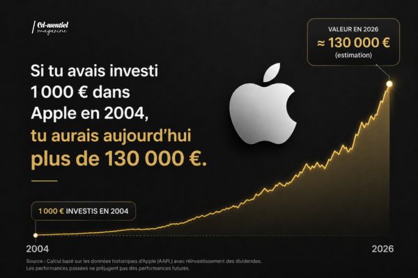 graphique boursier de l'action apple si tu avais investi 1000euros dans en 2024, tu aurais aujourd'hui, en 2026, plus de 130 000 euros.